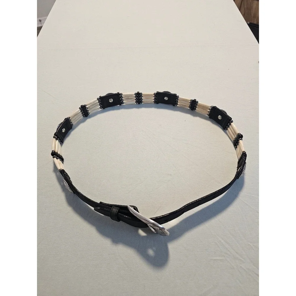 Western Leather Bone Hairpipe Concho Belt Black Silver Size 32 7153L